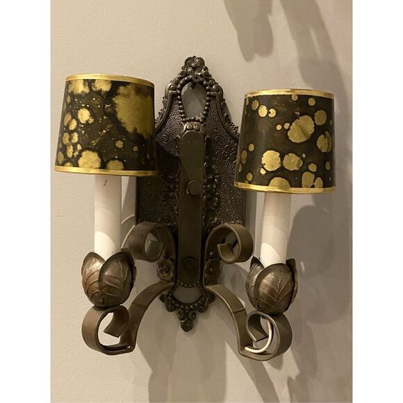 Vintage 2-Light Wall Sconce with Black and Gold Shades French Style - Picture 2 of 8